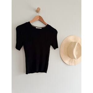 Boden | Ribbed Knit Top Black Stretch Short Sleeve Fitted | Sz M
